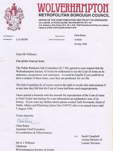 Letter Granting use of Wolverhampton Coat of Arms